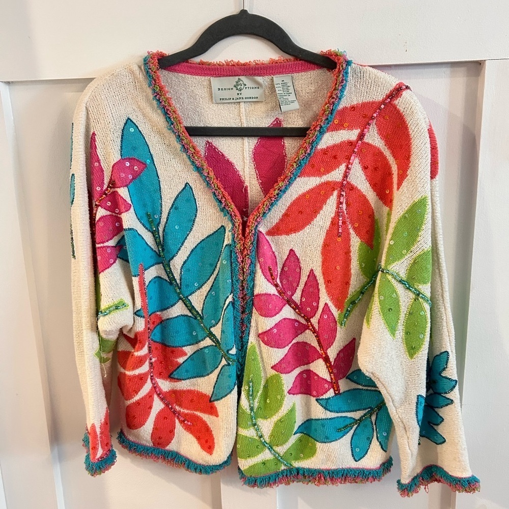 Vtg Philip & Jane Gordon Design Options Floral Fringe Beaded Tropical Sweater